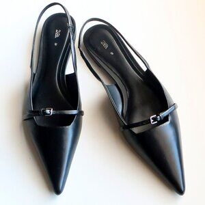 Zara Black Pointy Toe Sling-back Flats Low Heel Trendy Minimalist Shoes Size 8.5
